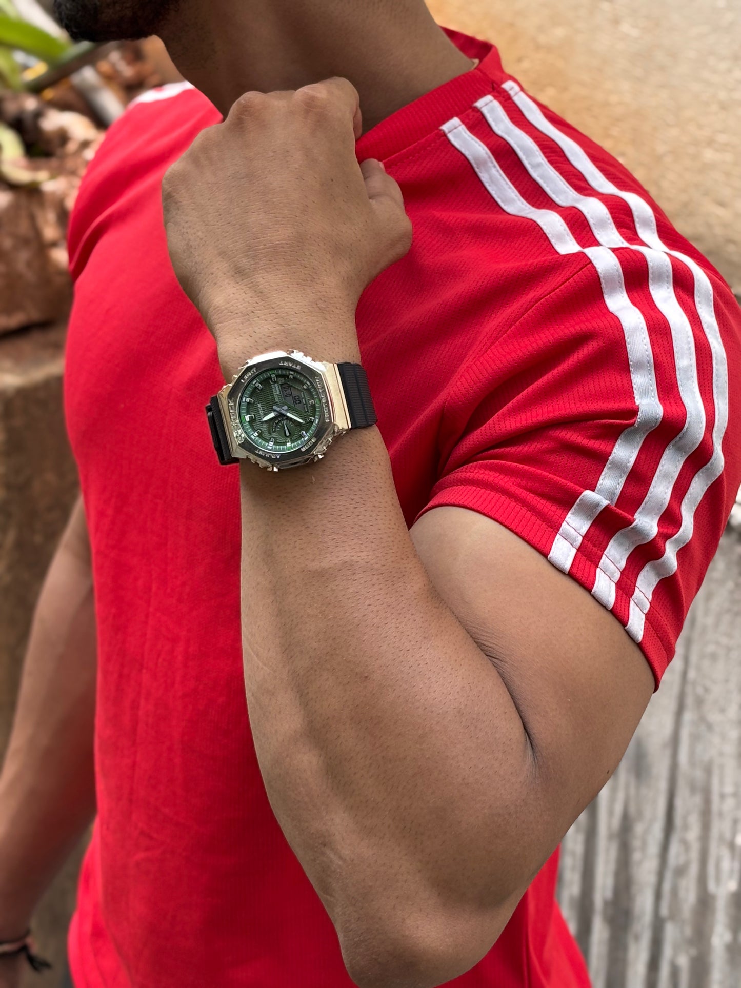 G-CASIO ANALOG WATCH ( Metal bezel , green , blue dial )