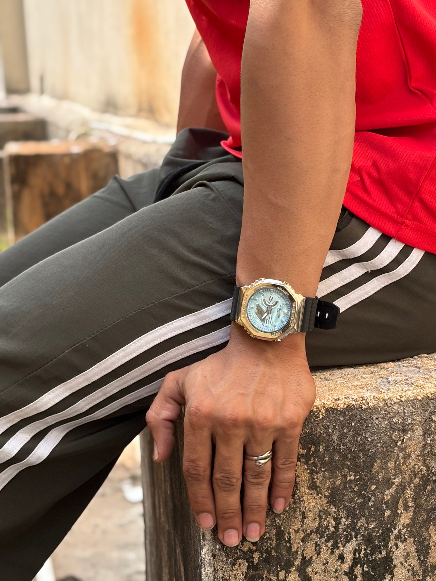 G-CASIO ANALOG WATCH ( Metal bezel , green , blue dial )