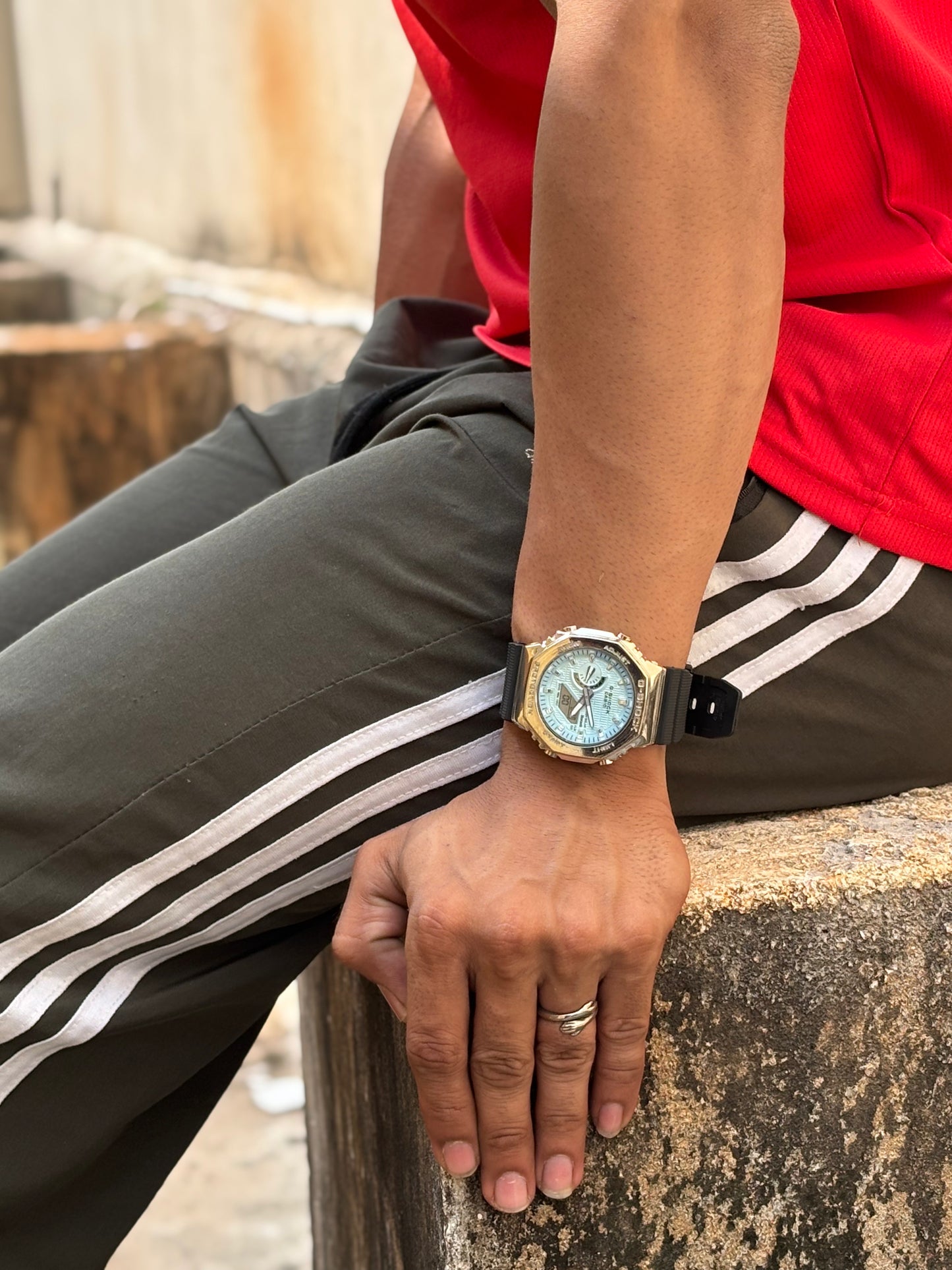 G-CASIO ANALOG WATCH ( Metal bezel , green , blue dial )