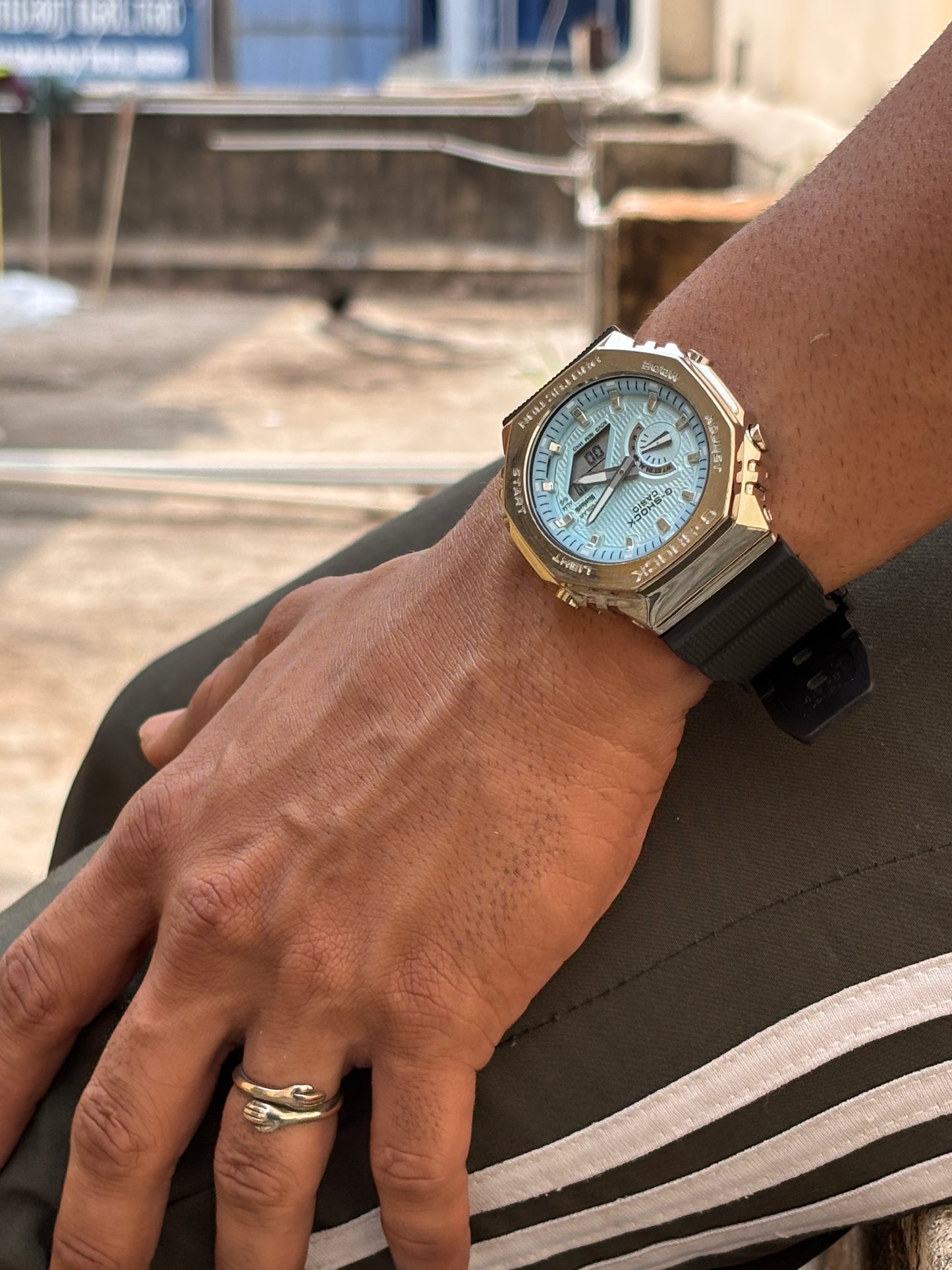 G-CASIO ANALOG WATCH ( Metal bezel , green , blue dial )